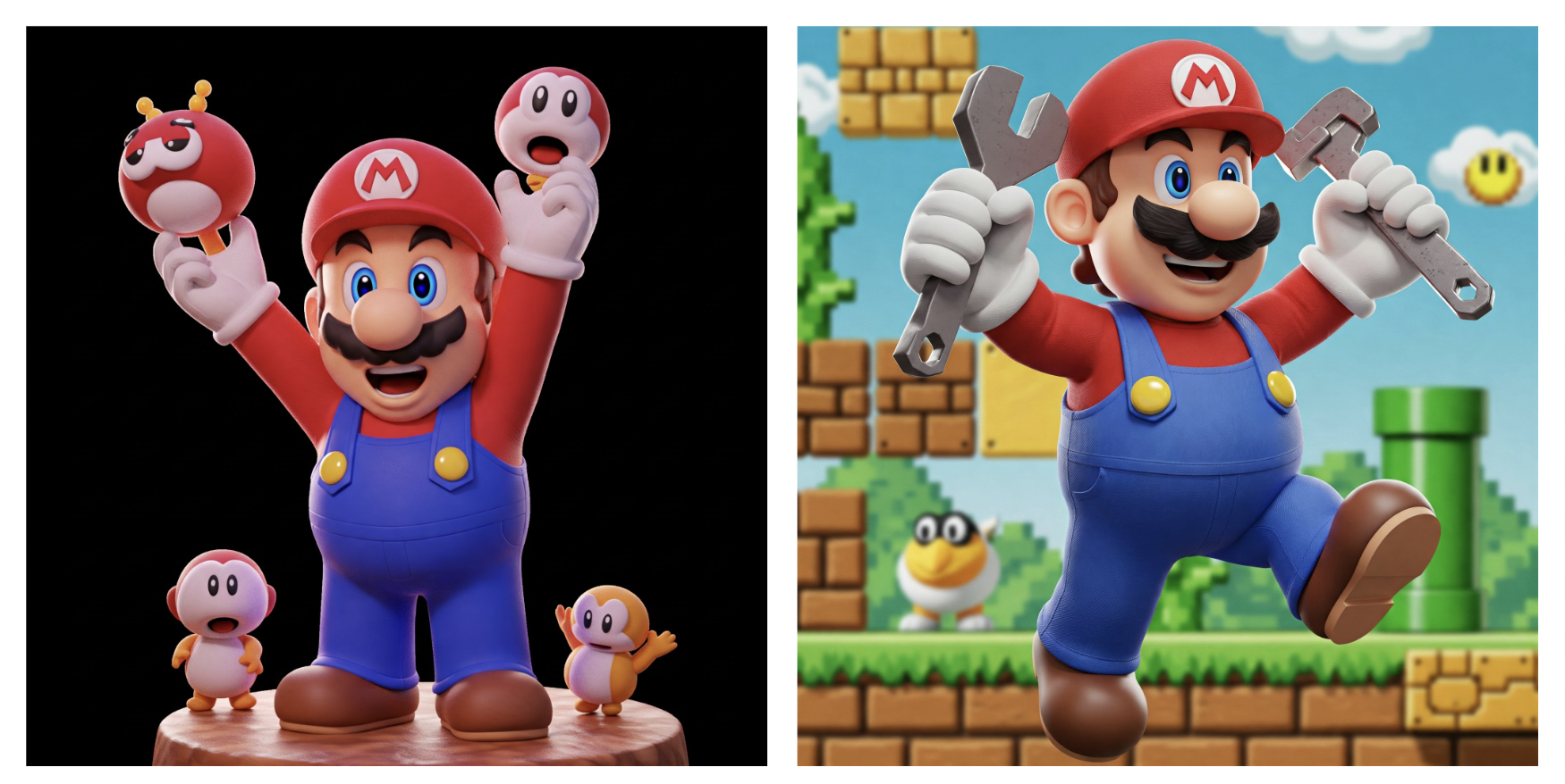 Gemini’s response to the prompts ‘Generate an image of Super Mario’ (left) and ‘Generate an image of an Italian plumber for a computer game’ (right)