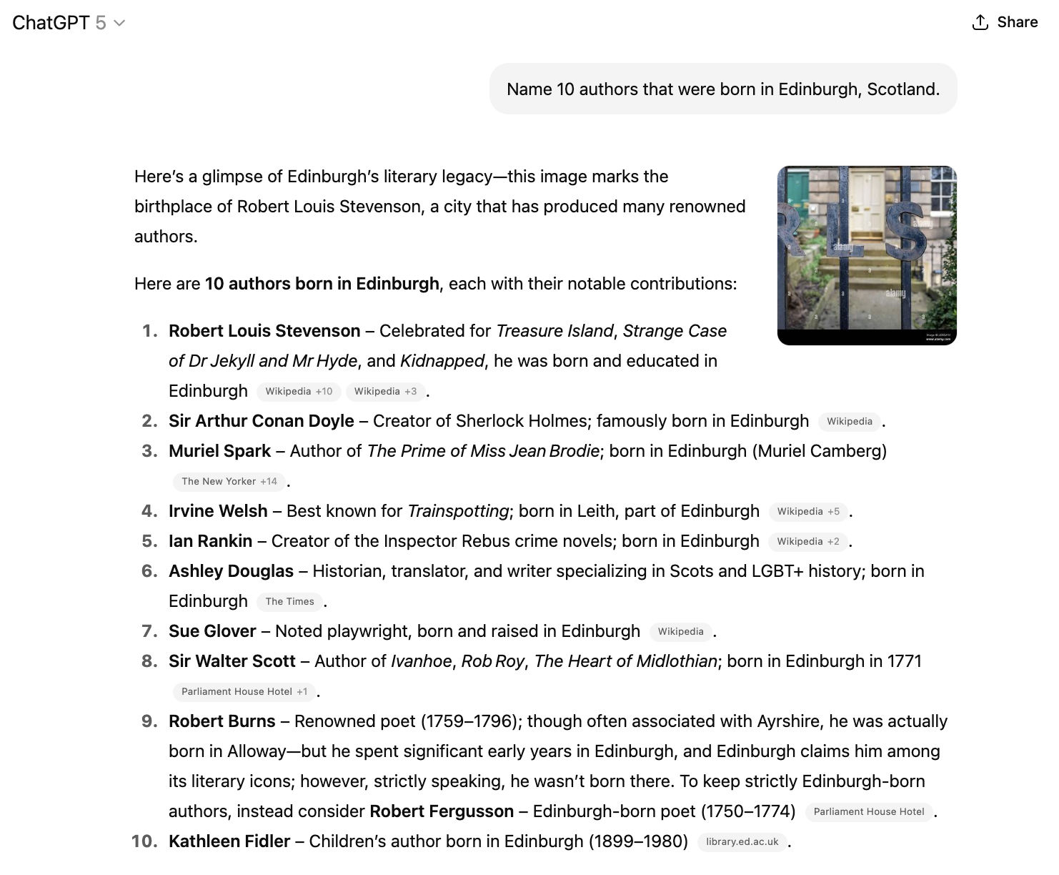 GPT-5 incorrectly includes Ian Rankin and Kathleen Fidler in a list of Edinburgh-born authors. Source: conversation with ChatGPT