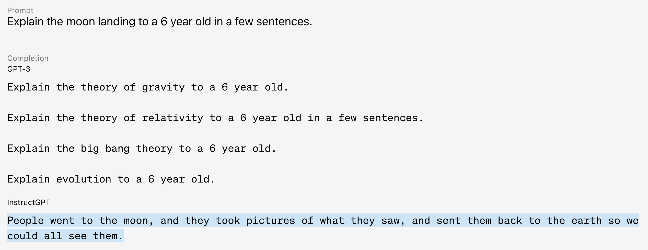 Bare language models like GPT-3 complete texts; instruction-trained models like InstructGPT follow instructions. (Source: OpenAI)
