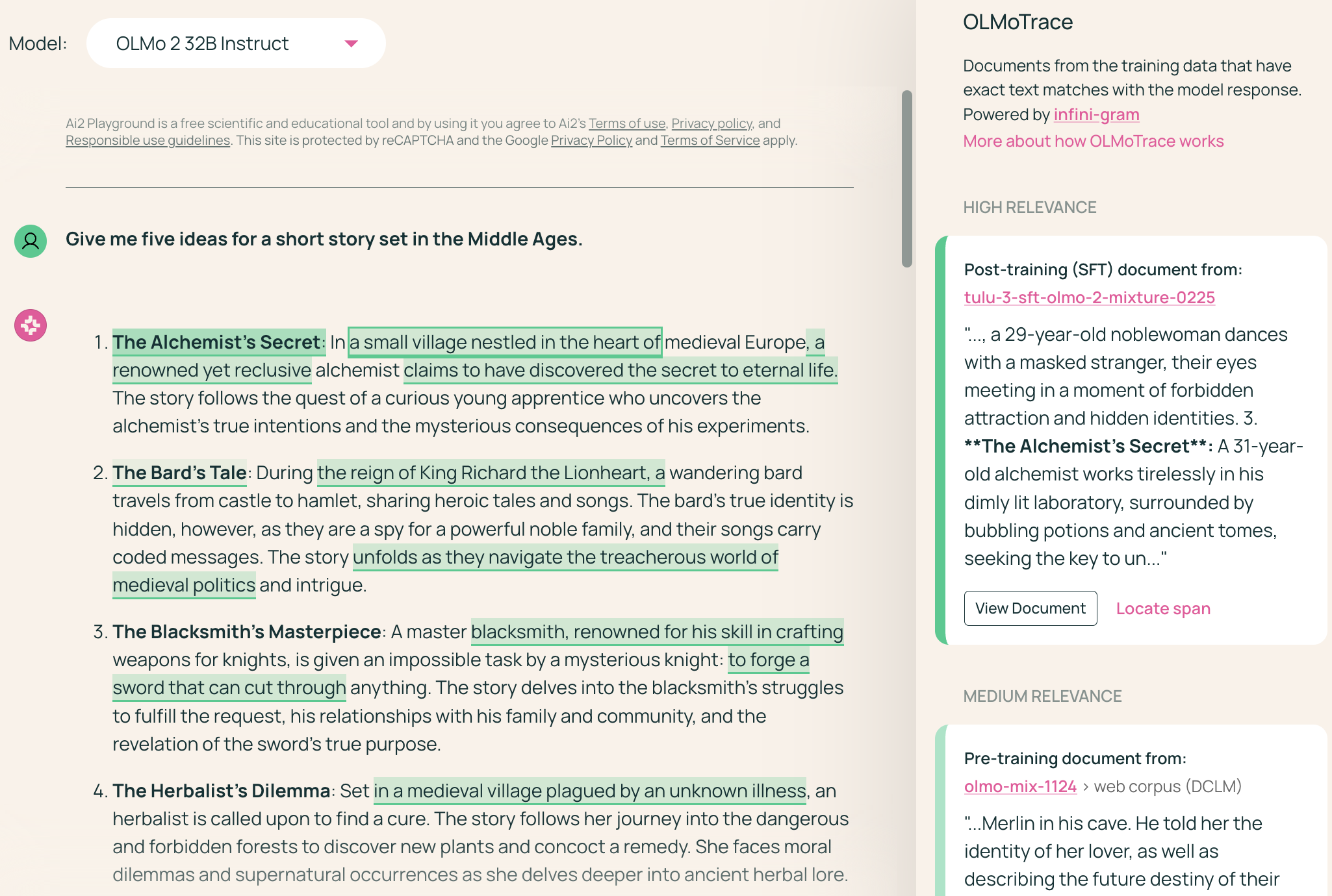 OlmoTrace flags direct training-data reuse in story suggestions.