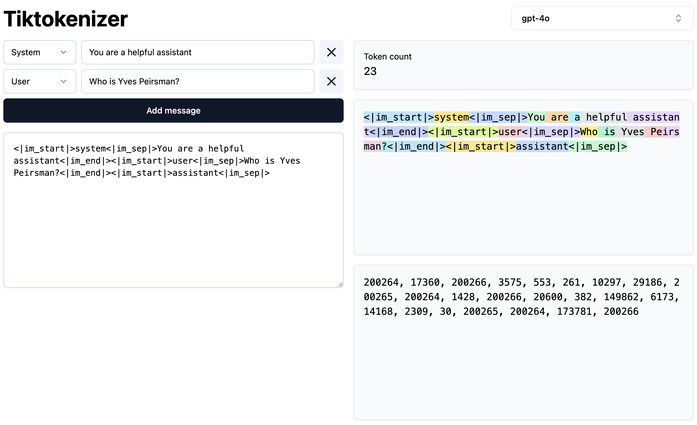A conversation with a chatbot is a series of tokens. (Source: Tiktokenizer)